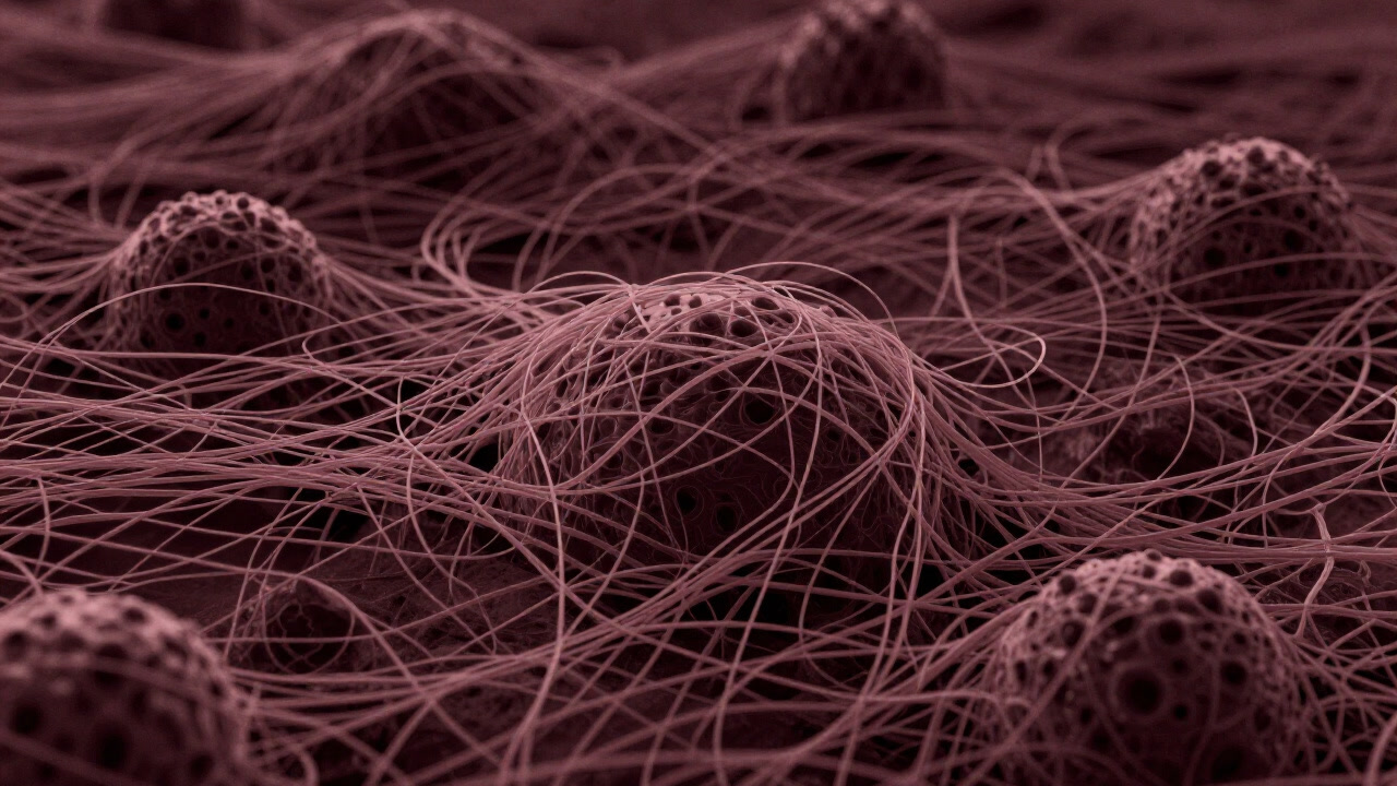 Microscopic view of fibrous, intertwined tissue fragments.