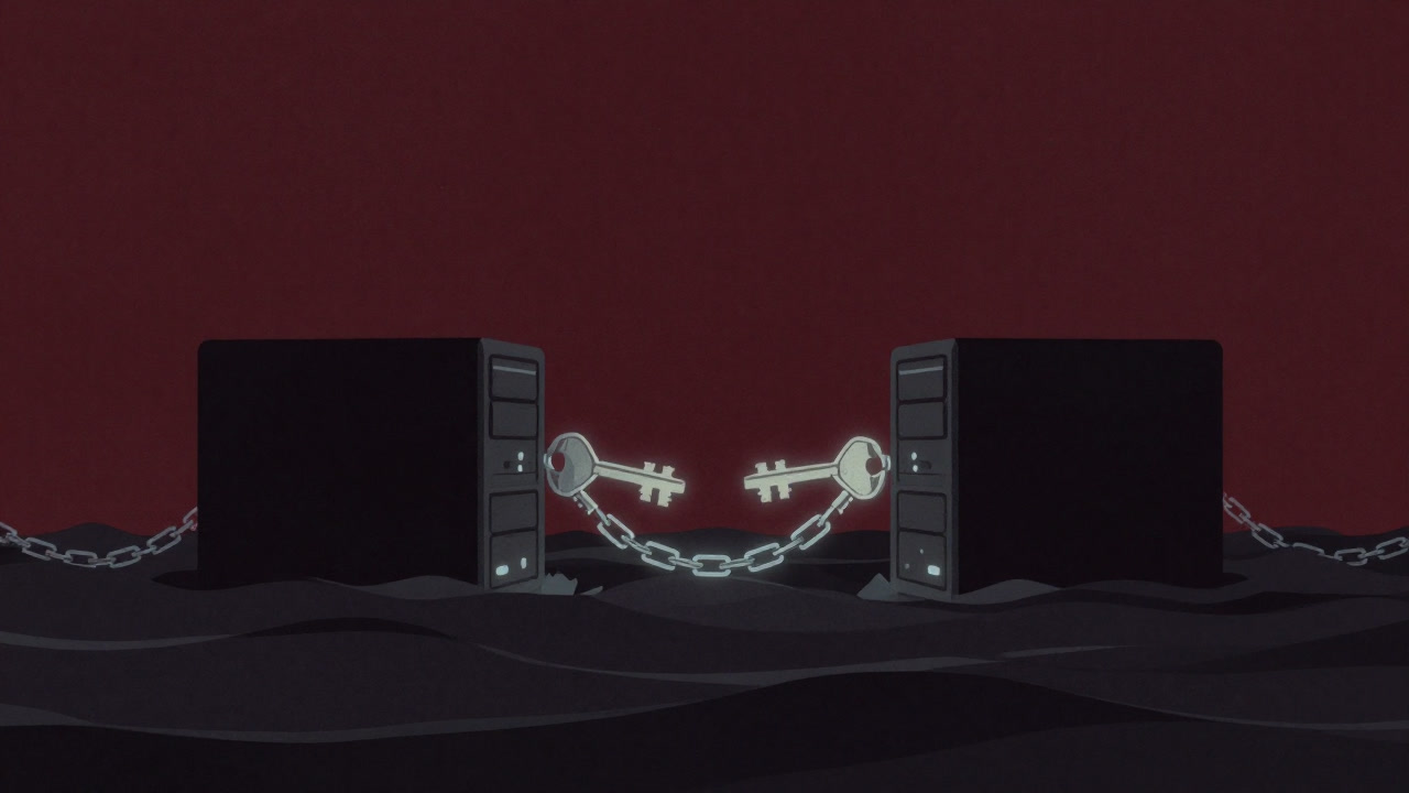 Silhouettes of two servers exchanging keys over a vast internet ocean, bound by glowing chains