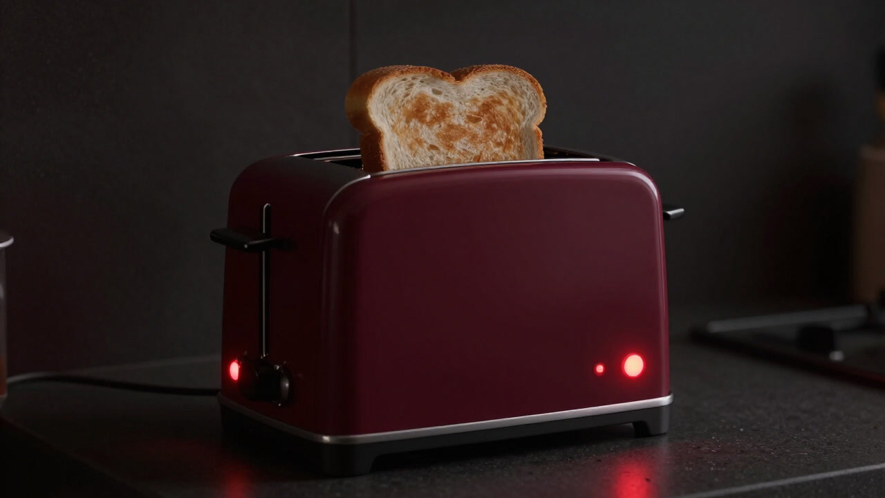 A toaster on a kitchen counter with its indicator lights glowing red, ready to toast bread