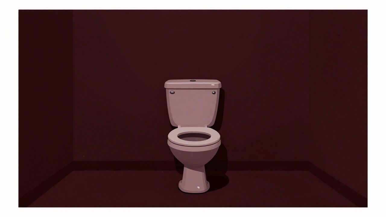 An old toilet bowl illuminated in a dim setting, standing alone.