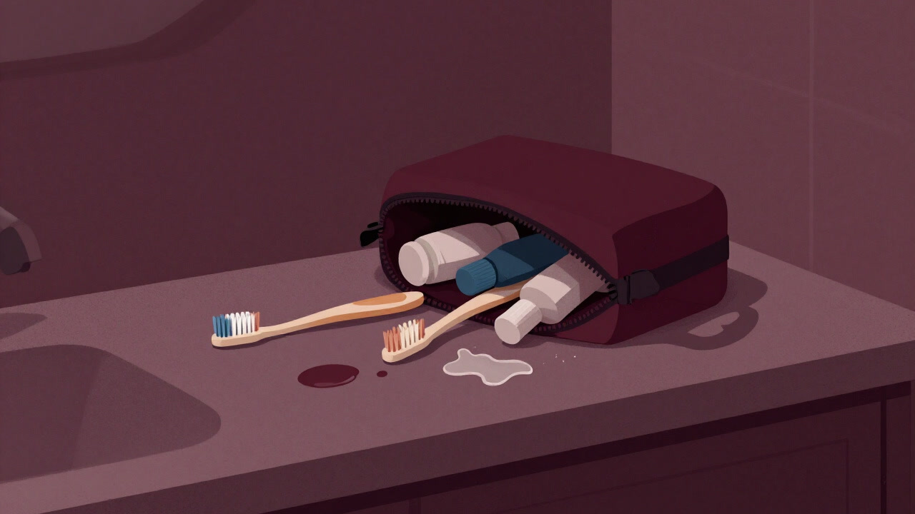 使用済み歯ブラシや小瓶が飛び出しそうな、無造作に置かれたトイレタリーバッグの画像