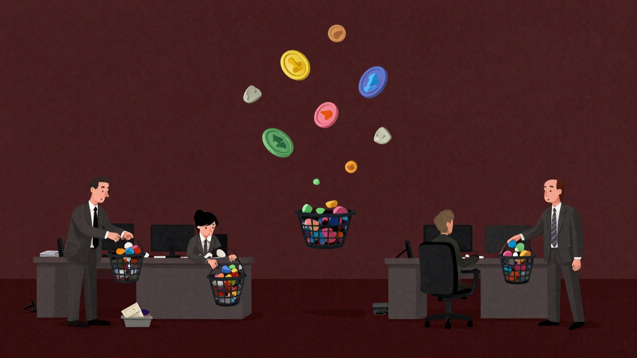 色とりどりのトークンが宙を舞い、働く人々が無造作に拾い集めているイラスト