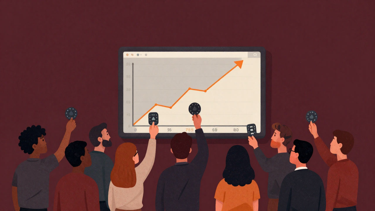 Illustration of a crowd holding digital tokens and jumping towards a soaring price graph
