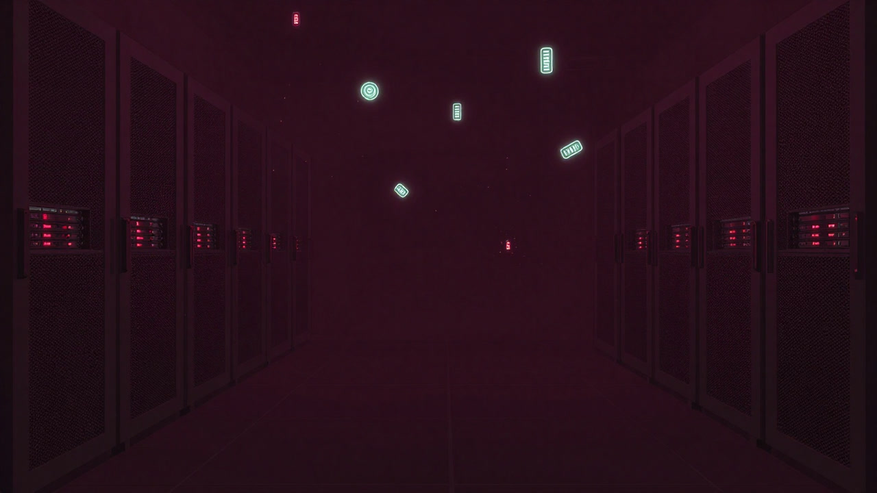 A dimly lit server room with small digital particles floating in the air
