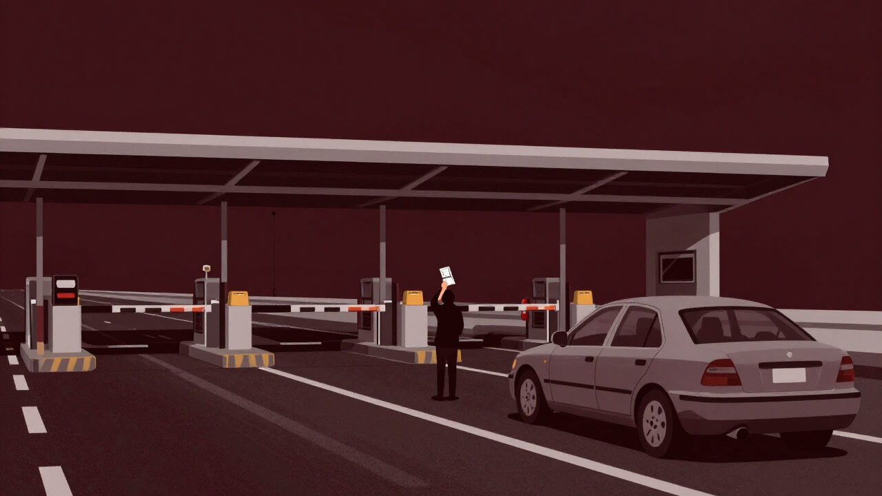チケットを手にした車が、背後に延々と続く有料道路のゲートを見上げている画像