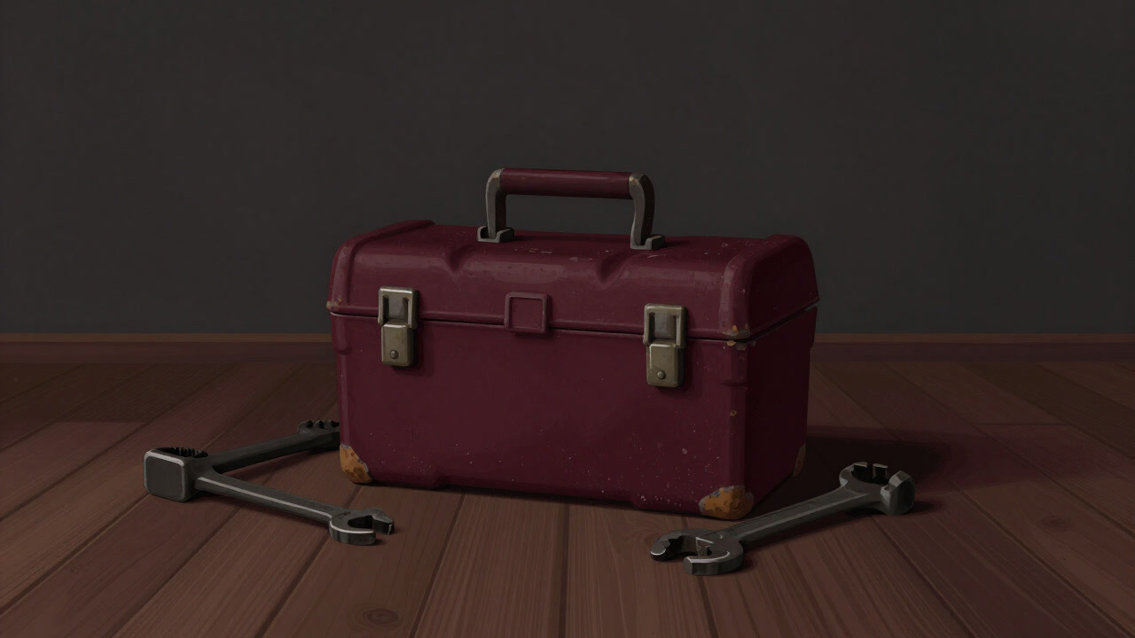 An old, worn toolbox covered in dust, quietly sitting amid scattered tools
