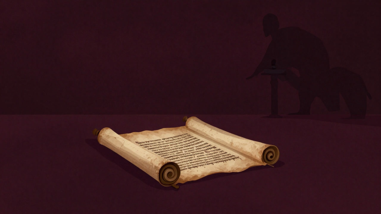 Image of a silhouetted Torah scroll being unrolled by candlelight