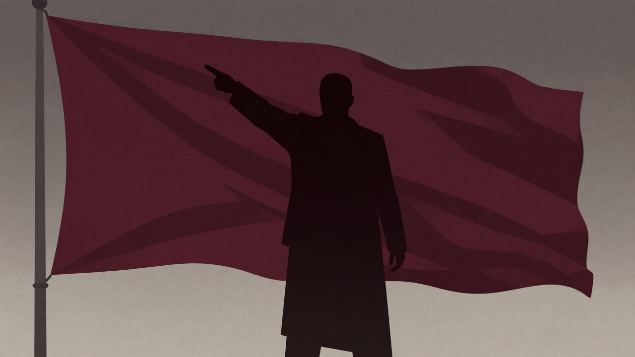 Illustration of an emotionless giant government shadow pointing amid a flag backdrop