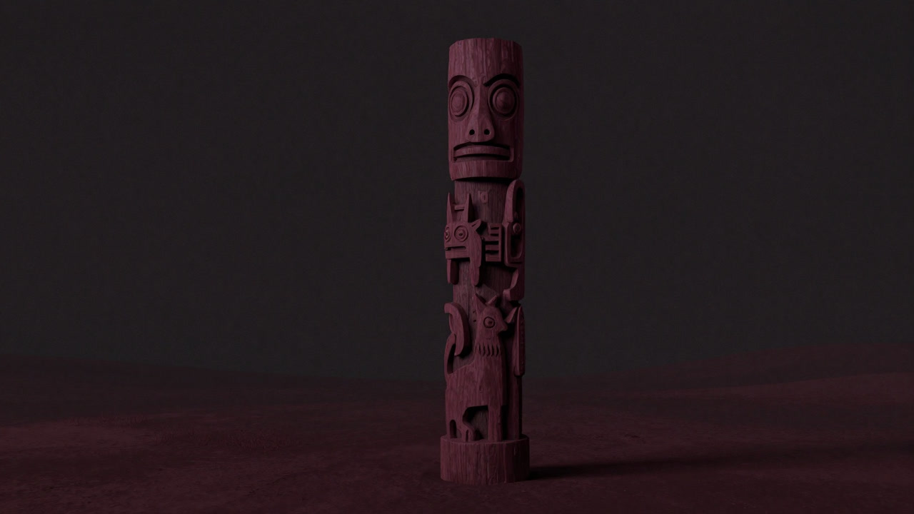 An aged totem carved atop a wooden pole, illuminated by moonlight, exuding silent authority