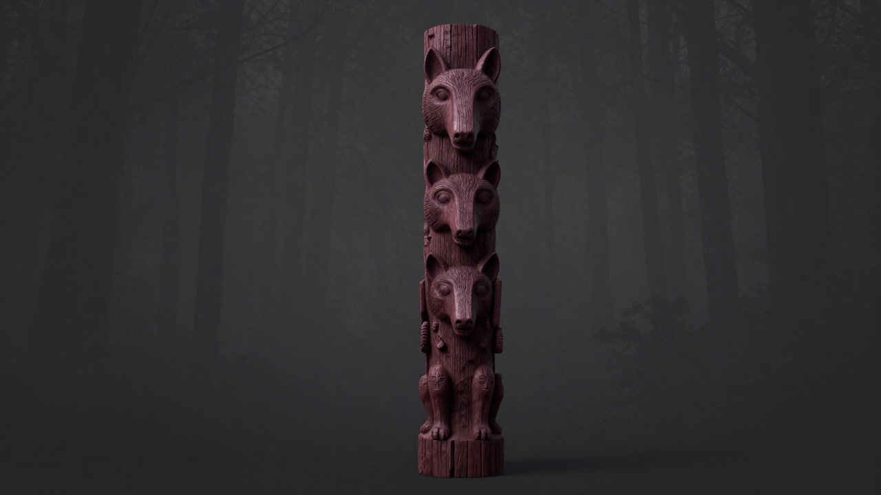 古びた木偶立像が薄暗い森の中で不気味に佇む、トーテムポールの画像