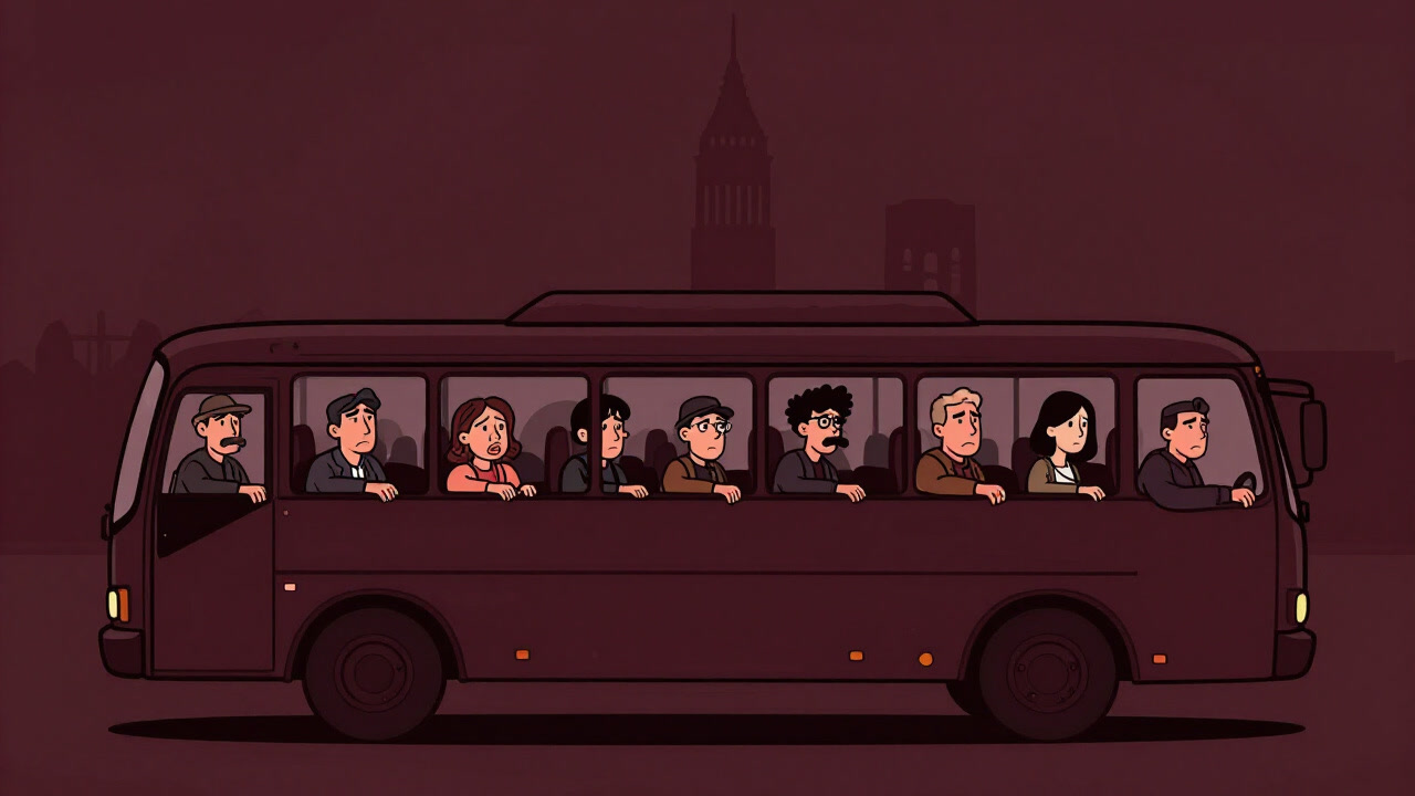 賑やかな観光バスに詰め込まれ、不安げに風景を見つめるツアー参加者のイラスト