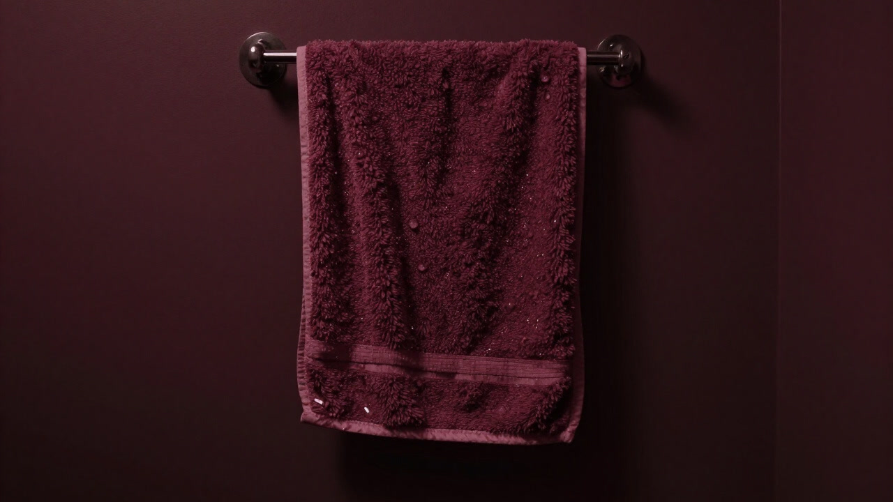 バスルームの隅で、滴る水分を誇らしげに抱え込む古びたタオルの画像