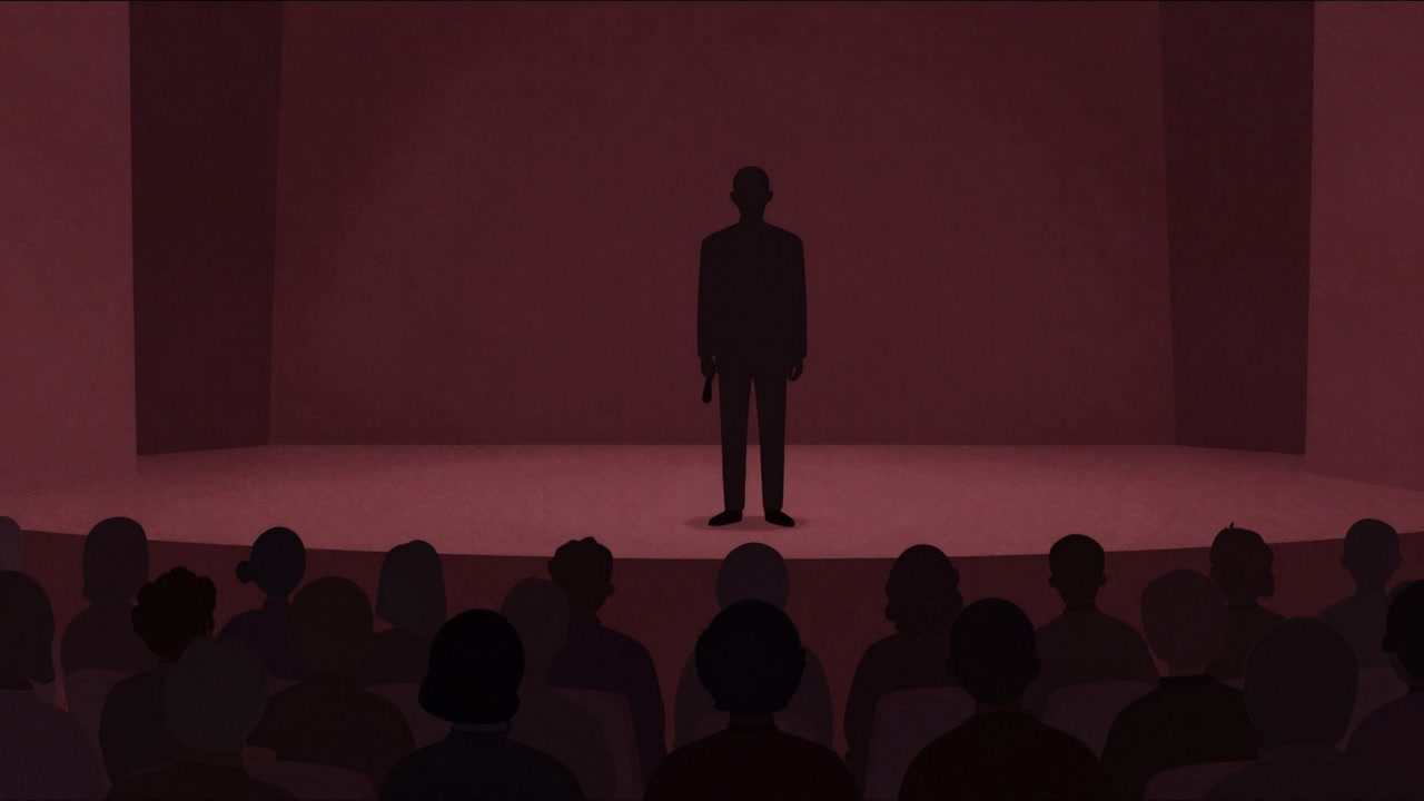 Illustration of a politician silhouette on an old community center stage holding a microphone, staring blankly at the audience.