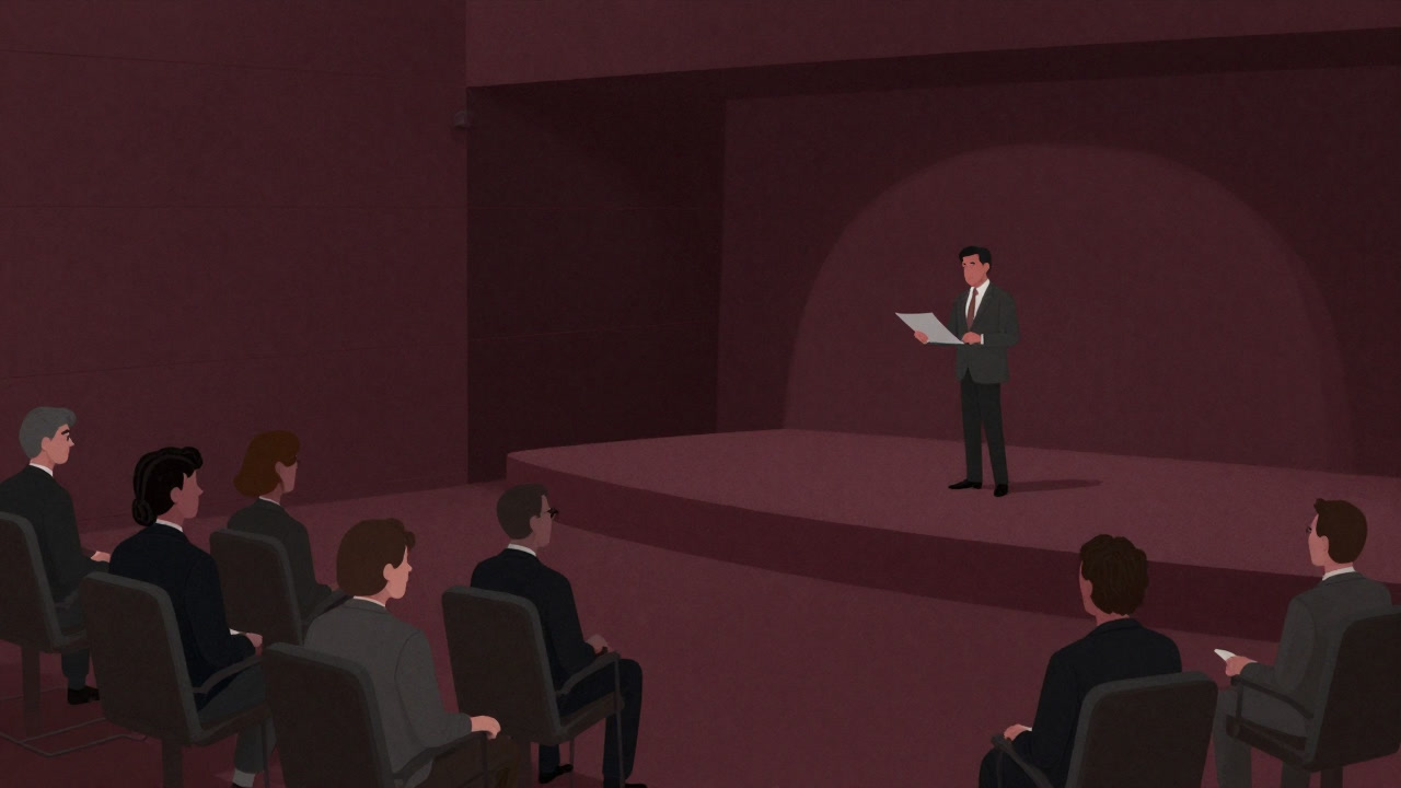 壇上でスライドを投影する経営陣と無表情で座る社員の列を映した画像