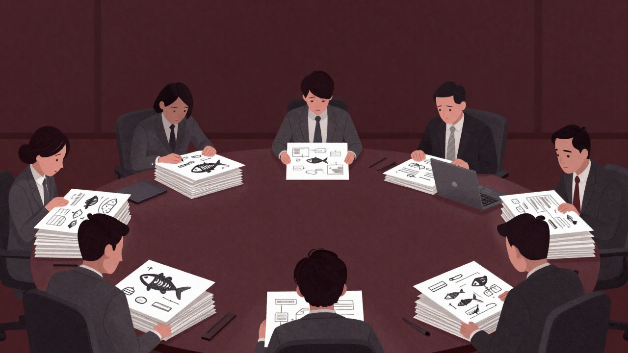 会議室の中央で無数のフローチャートを背負ったスーツ姿の社員が呆然と立つイラスト