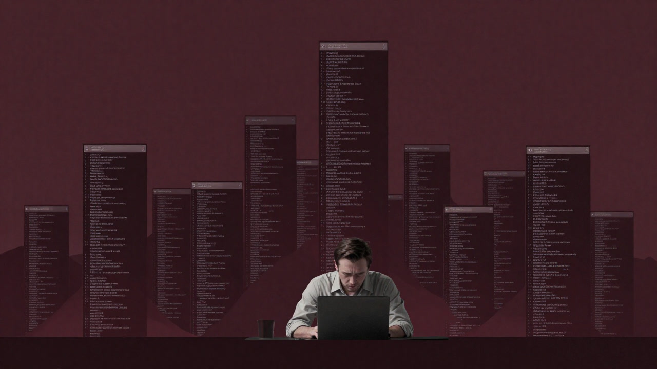 A weary developer staring at endless rows of system calls buried in a mountain of debug logs