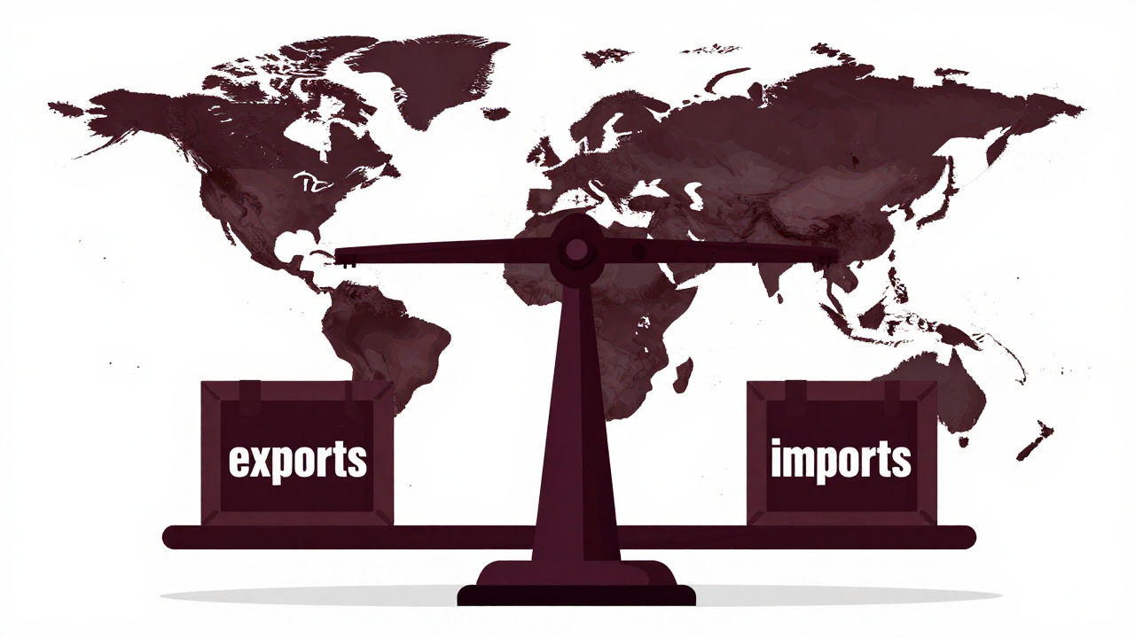世界地図を背景に、国旗の載った天秤に輸出と輸入の貨物が乗ったイラスト