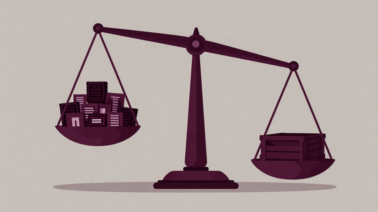 巨大な天秤の片側に山積みの輸入品、もう片側に空っぽの箱を乗せて揺れるイラスト