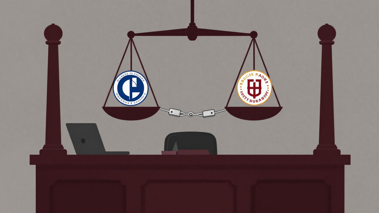 Corporate logos handcuffed and dangling before a courtroom scale