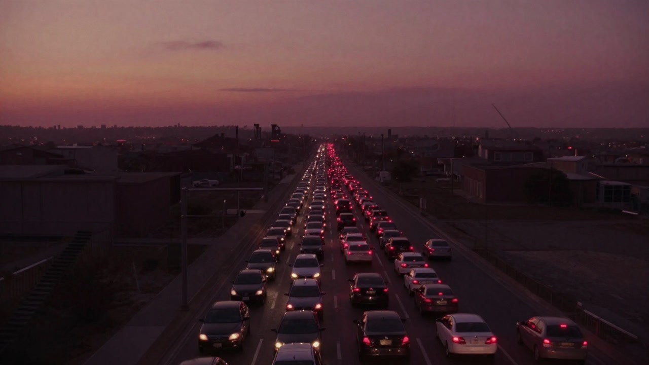 何キロも連なる赤いテールランプに絶望するドライバーの群れを俯瞰で捉えた画像
