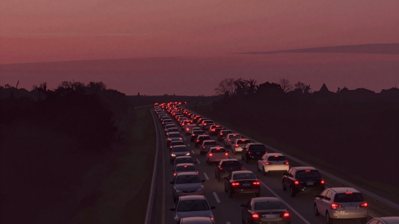 無数の自動車がテールライトを赤く輝かせながら並ぶ高速道路の俯瞰図