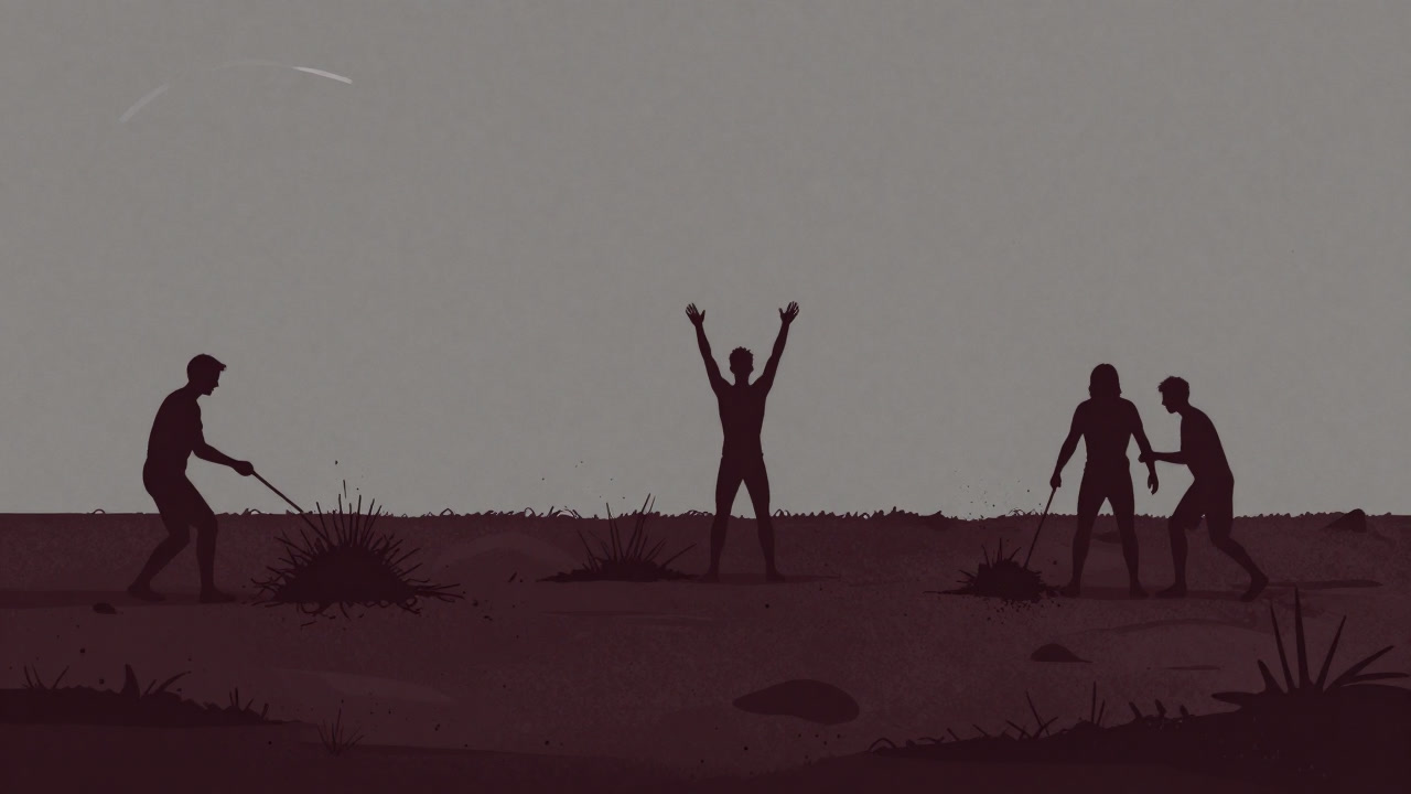 Illustration of a desolate common land with silhouettes of people gleefully stripping resources