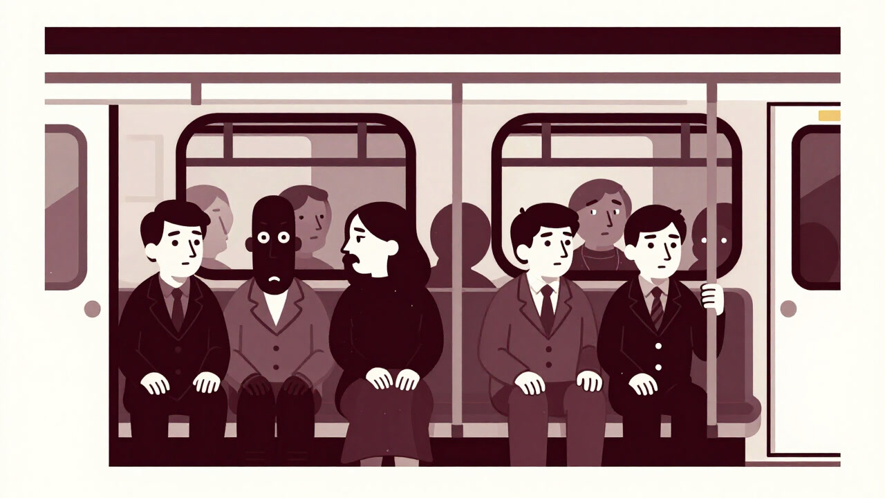 Illustration of commuters in a packed train, almost enjoying the suffocating crush.