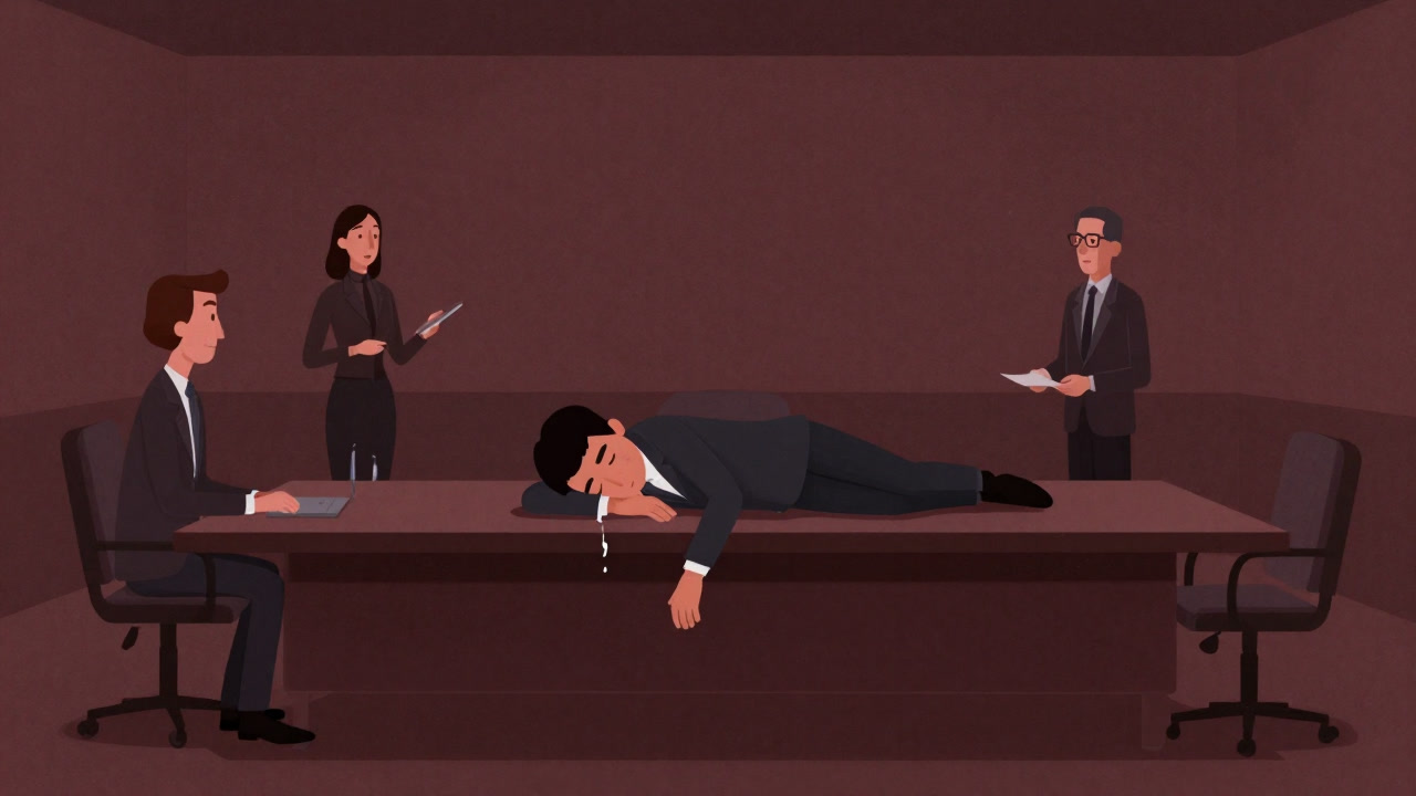 会議室の机にスーツ姿で居眠りする社員のイラスト