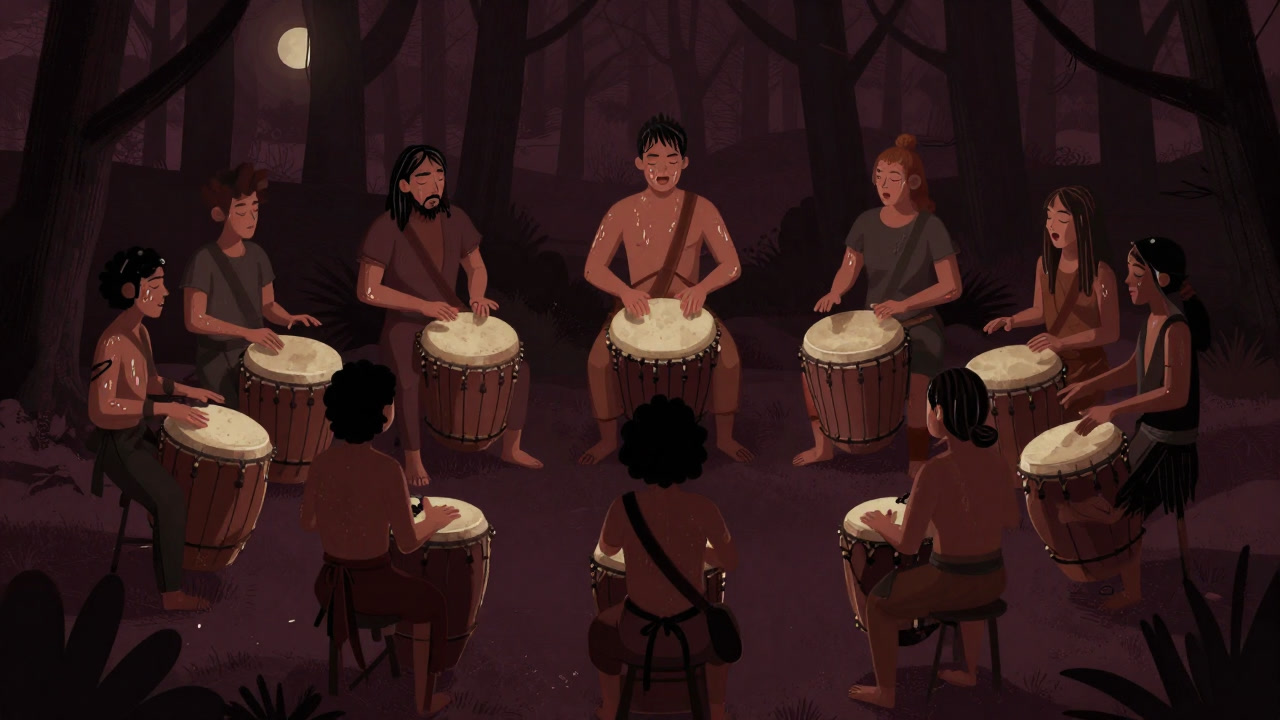 暗闇の中で円状に並んだ太鼓を叩き、閉じた目で恍惚の表情を浮かべる人々のイラスト