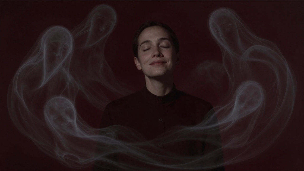 光と影の狭間で、目を閉じ口元に薄い微笑みを浮かべる人物の背後に蠢く幻影の群れ