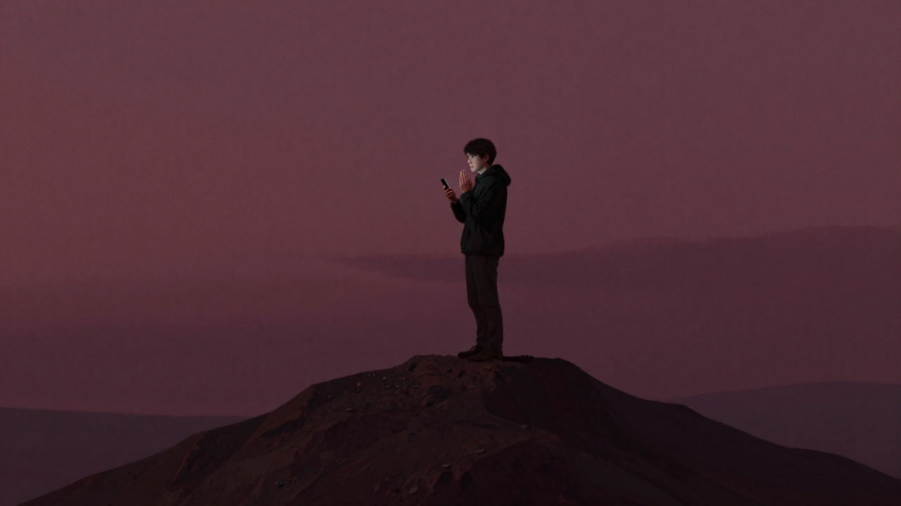 頂上でスマホを手放せずに祈る人が薄暗い空を背景に佇むイラスト