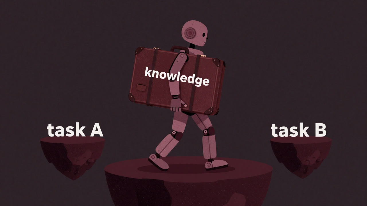 Silhouette of an AI carrying a suitcase of knowledge moving between different tasks