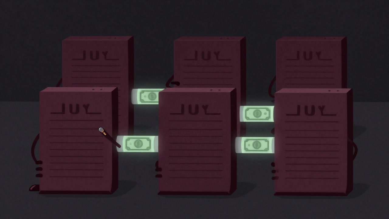 暗いオフィスで帳簿の背後から利益がひそかに移動する様子を示すイラスト