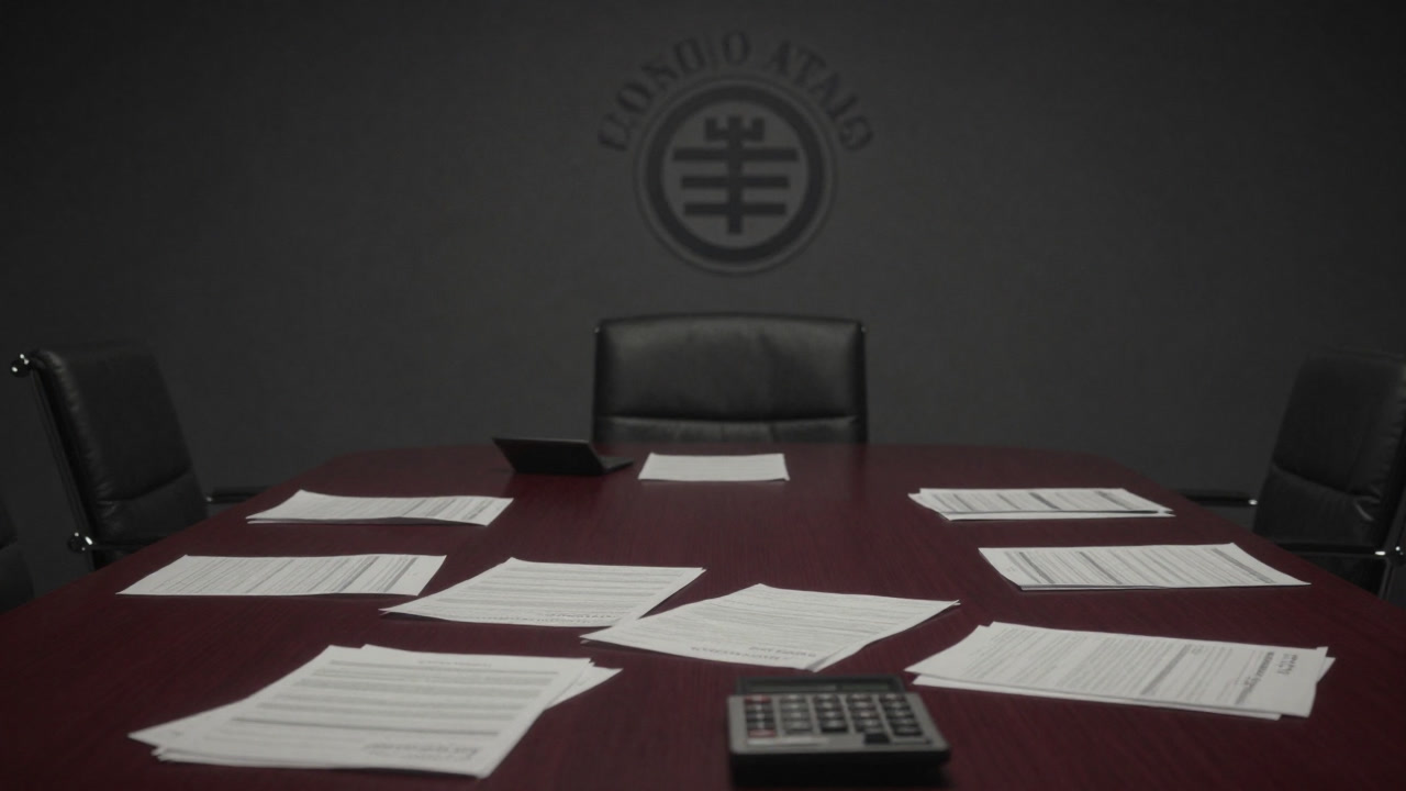 暗い高層ビルの会議室で、書類と電卓が積まれたテーブルの画像