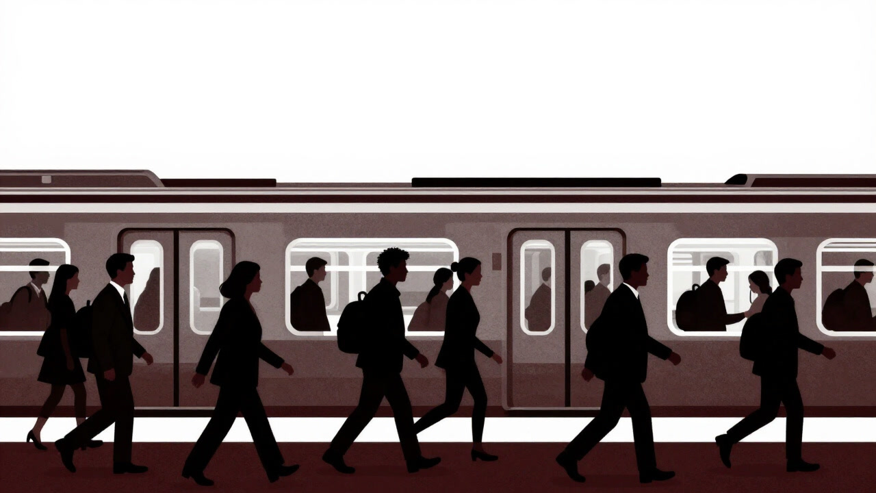 Black and white crowded subway platform with people dashing across platforms.