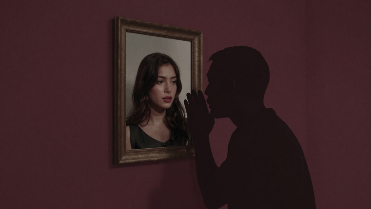 鏡の前で恋人の写真に向かって囁く人物のシルエット