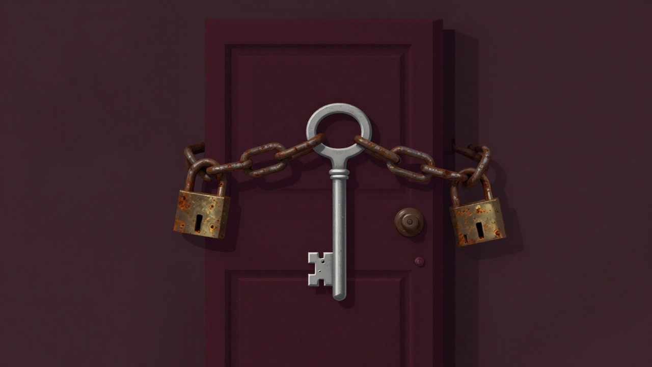 Illustration of a mechanical key chained and rusted while claiming to open the door to the future