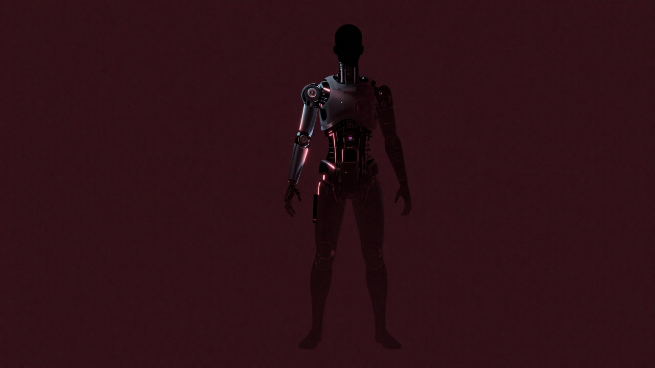 Illustration of a human silhouette fused with mechanical parts emitting futuristic glow
