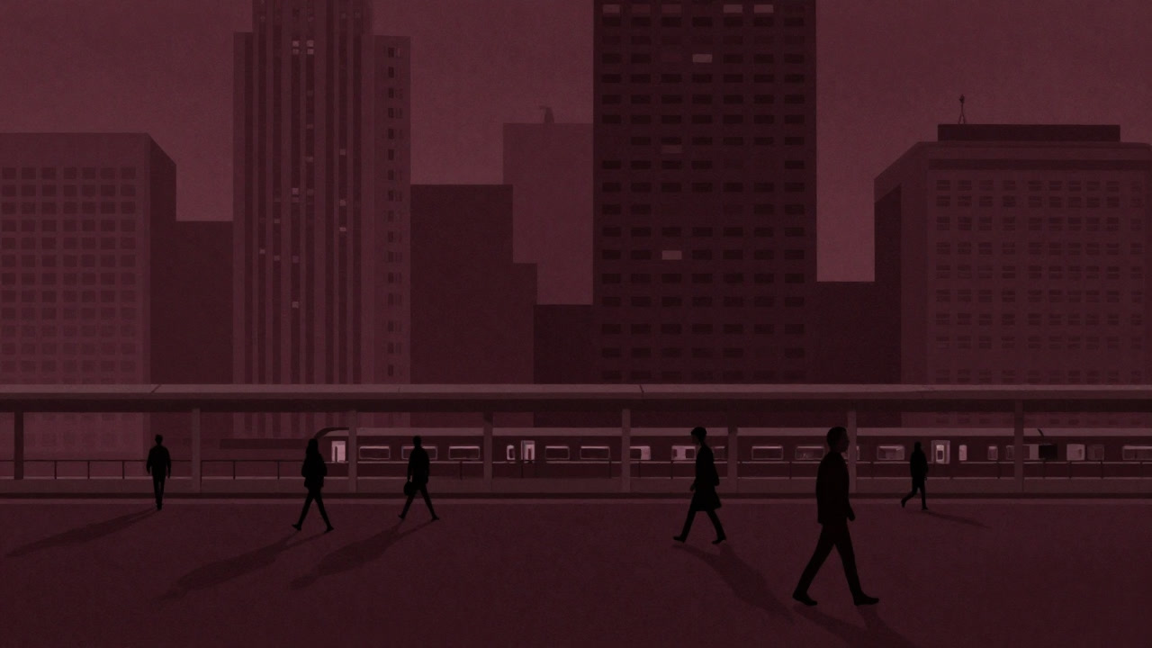 駅前のタワーマンション群を背景に、歩かされる住民の影が長く伸びるイラスト