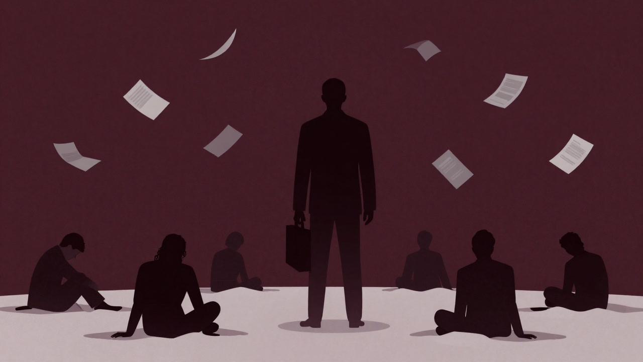 乱れ飛ぶ雪のように炭素クレジットの紙片に埋もれ、苦虫を噛み潰した表情で俯く企業と投資家のシルエット