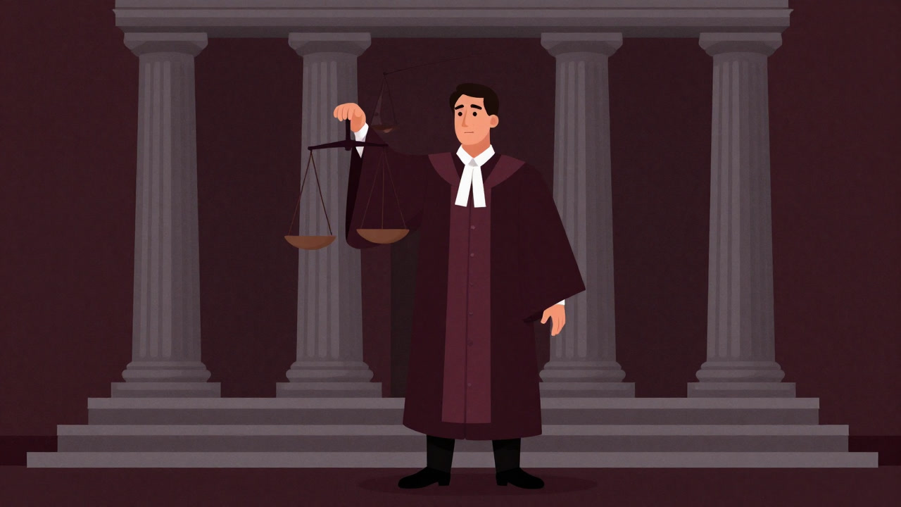 A judge holding scales in one hand and manipulating a puppet figure with the other, with worn courthouse columns in the background.