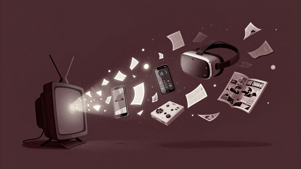 複数のメディア端末が渦を巻きながら、ひとつの物語の断片を放つイラスト