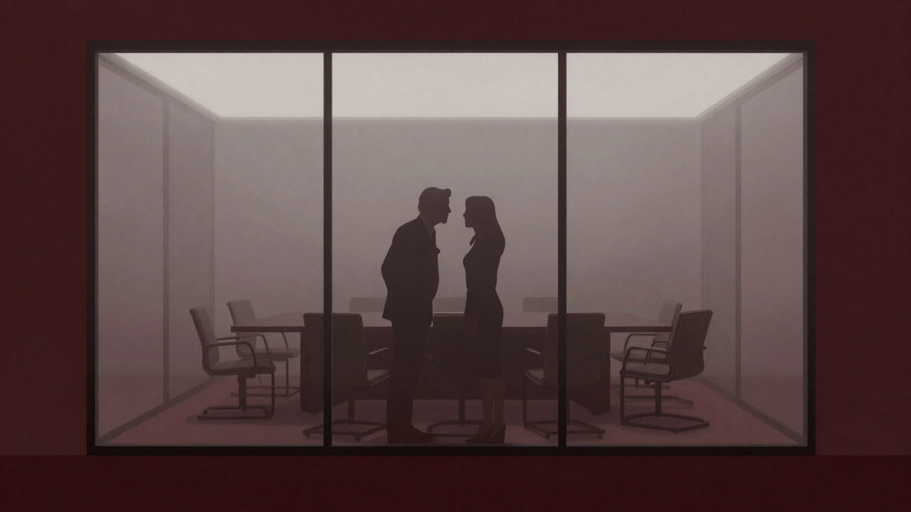 Silhouettes of executives whispering outside a glass-walled conference room.