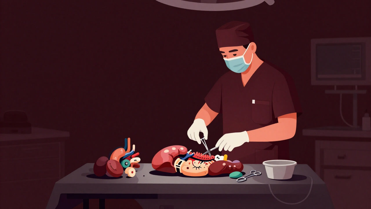 Illustration of a variety of organs placed together on an operating table, with a surgeon calmly holding scissors
