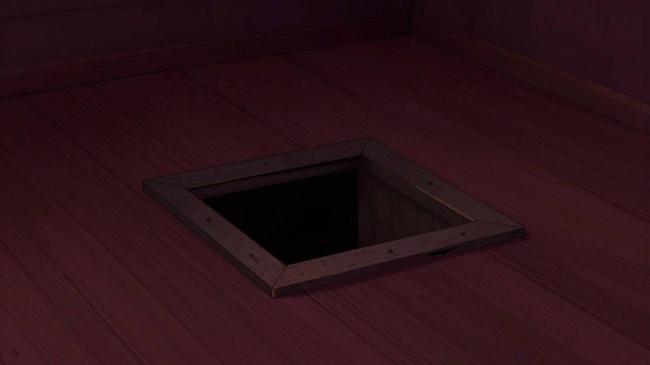 Close-up of a small trapdoor hidden quietly in a dark floor