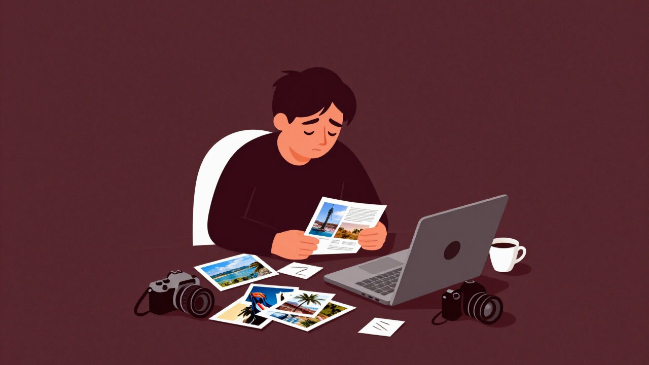 Illustration of a blogger rubbing tired eyes while enthusiastically sorting travel photos in front of a laptop.