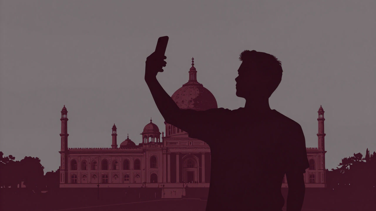 Silhouette of a person holding a smartphone taking a selfie with a famous landmark in the background