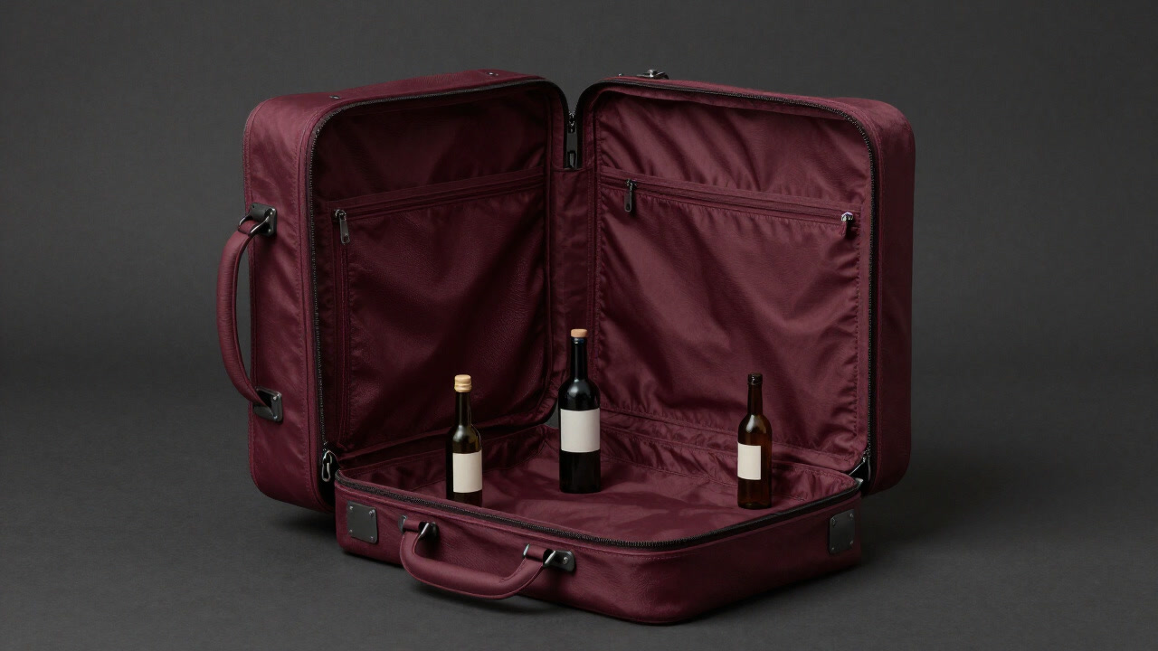 旅行バッグの隅でひっそりと佇む小瓶たちのイラスト