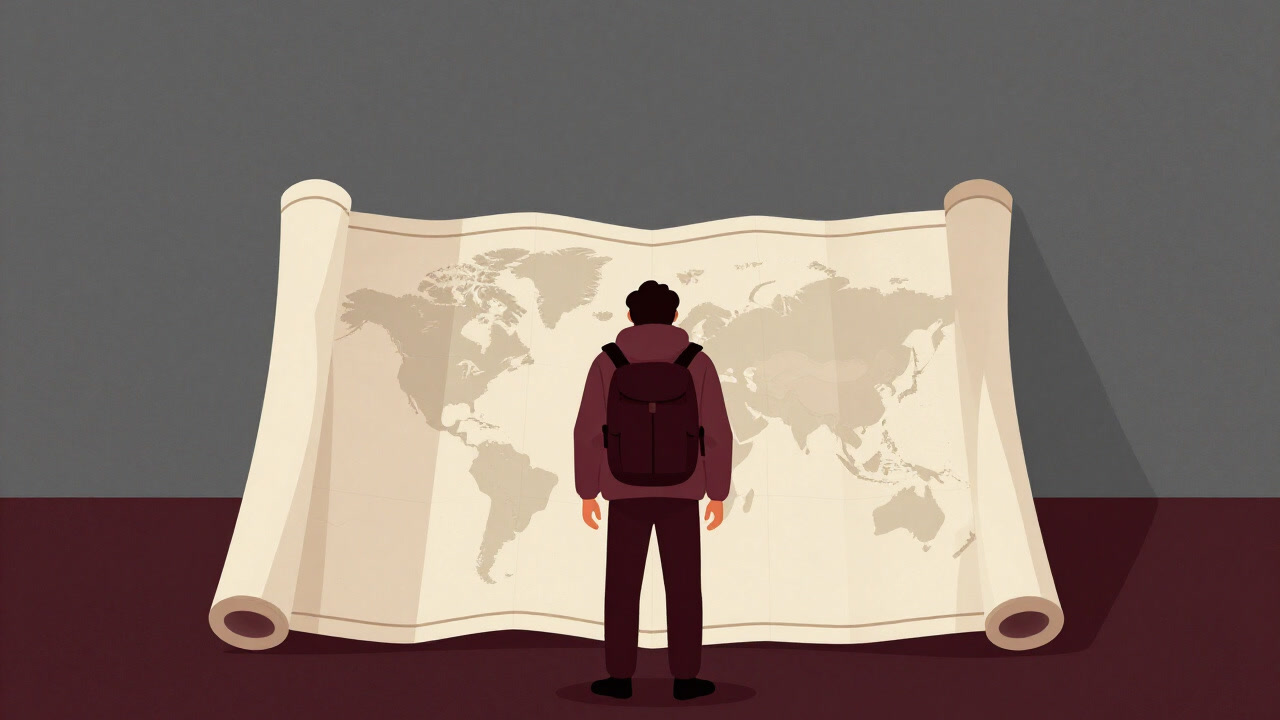 目的地のマップを前に途方に暮れる旅行者のイラスト