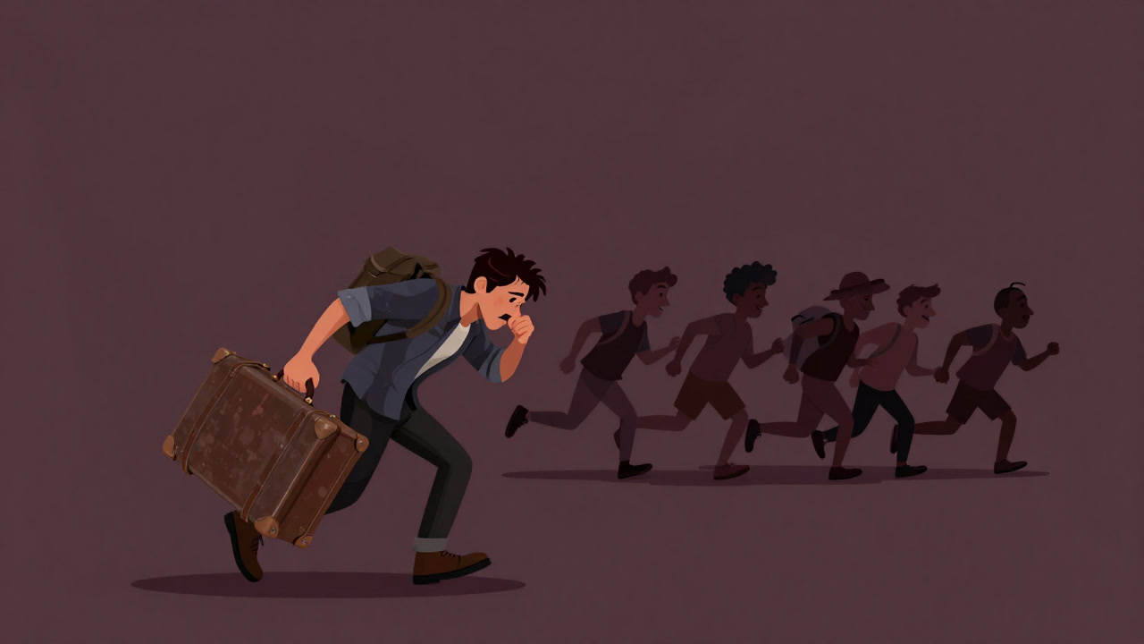 重い荷物を両手に抱え、疲れた顔で仲間を追う旅行者のイラスト